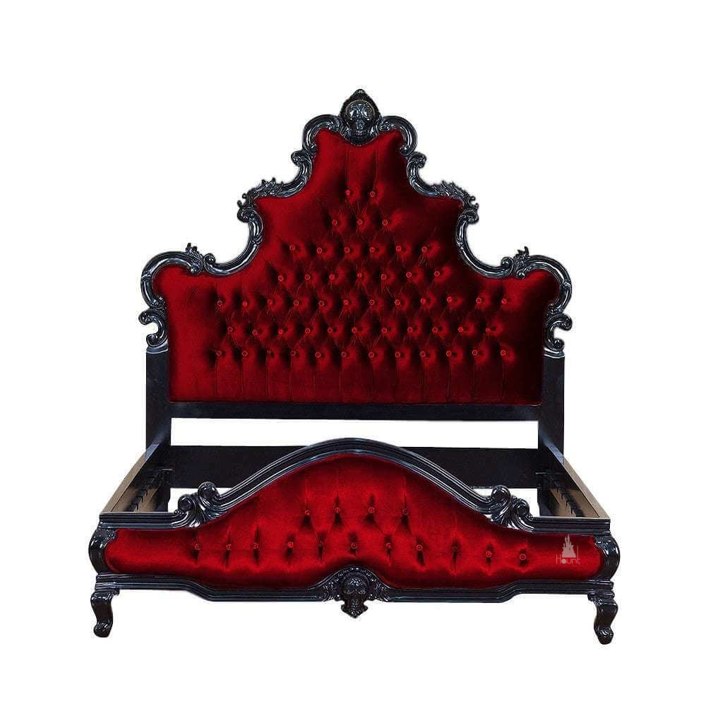 Aphrodite Bed shown with upholstered panels and ornate carved frame in a dark luxury bedroom style
