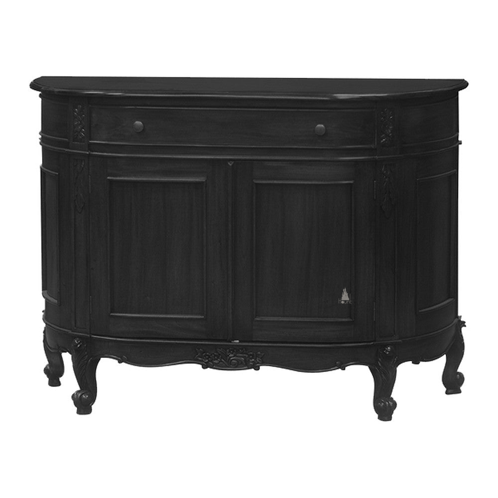 The Aphrodite Buffet, a handcrafted curved sideboard with upper drawers, cabinet doors, shaped legs and carved detailing.