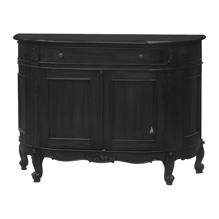 The Aphrodite Buffet, a handcrafted curved sideboard with upper drawers, cabinet doors, shaped legs and carved detailing.