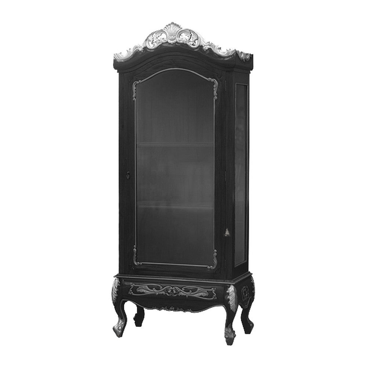 The Aphrodite Display Cabinet, a handcrafted glass-front display cabinet with an arched door, carved crown and display shelves.