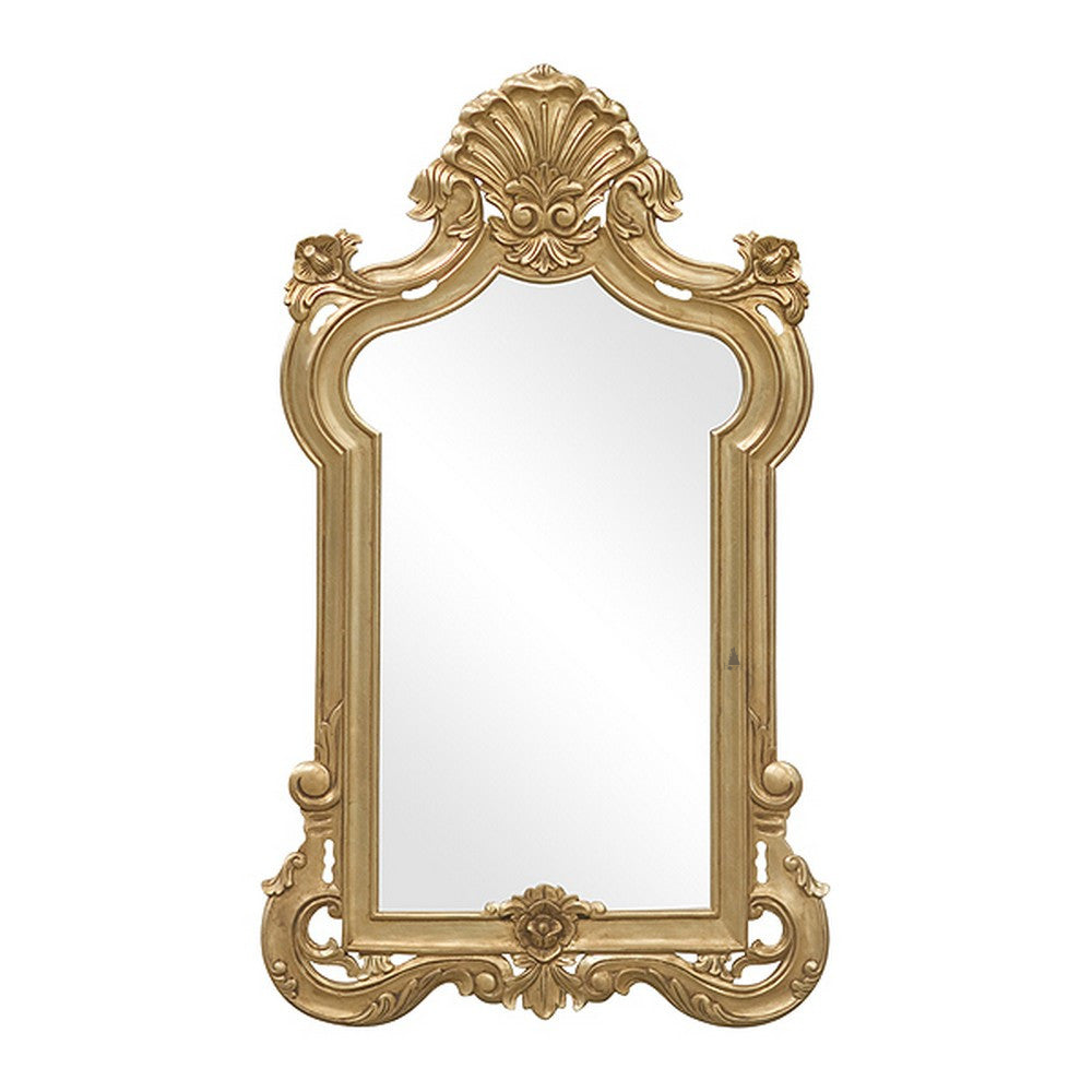 The Aphrodite Mirror, a handcrafted ornate wall mirror with a shaped frame, scrollwork details and decorative crest.