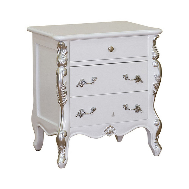 The Aphrodite Side Table, a handcrafted white side table with three drawers, ornate silver handles and gold carved accents.