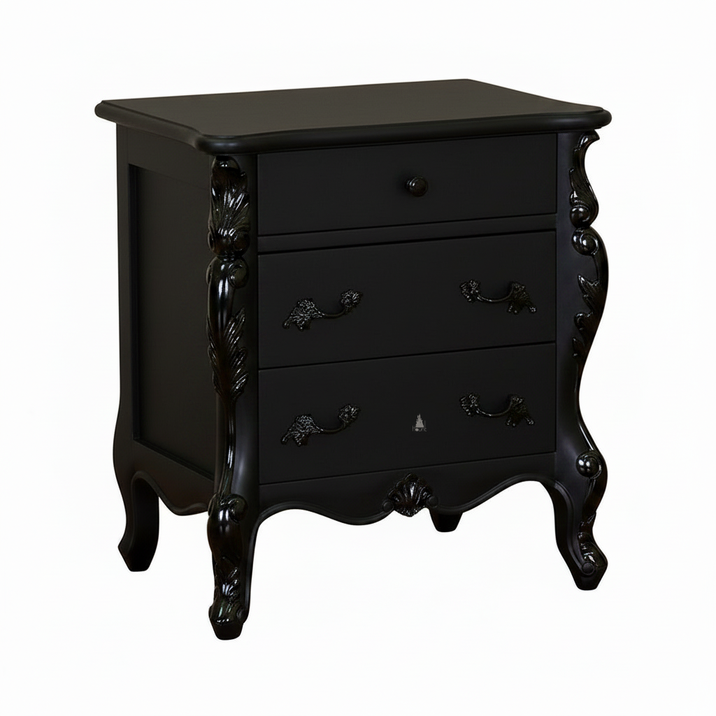 Another view of the Aphrodite Side Table, a decorative three-drawer side table with a white body
