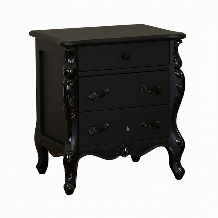 Another view of the Aphrodite Side Table, a decorative three-drawer side table with a white body