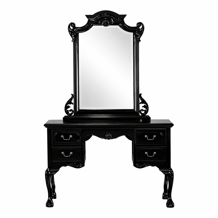 Haunt Aphrodite Vanity with tall mirror, carved crest, side drawers and gothic French provincial detailing