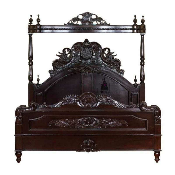 Front view of the Aurora Bed showing a semi-canopy gothic frame with ornate carved mahogany detailing