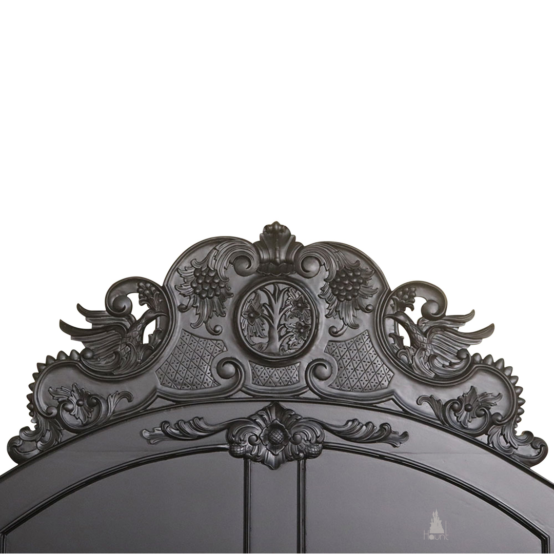 Aurora Bed shown in a styled room with carved semi-canopy frame and romantic gothic proportions