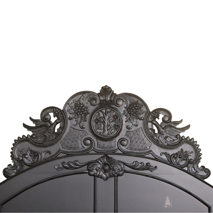 Aurora Bed shown in a styled room with carved semi-canopy frame and romantic gothic proportions