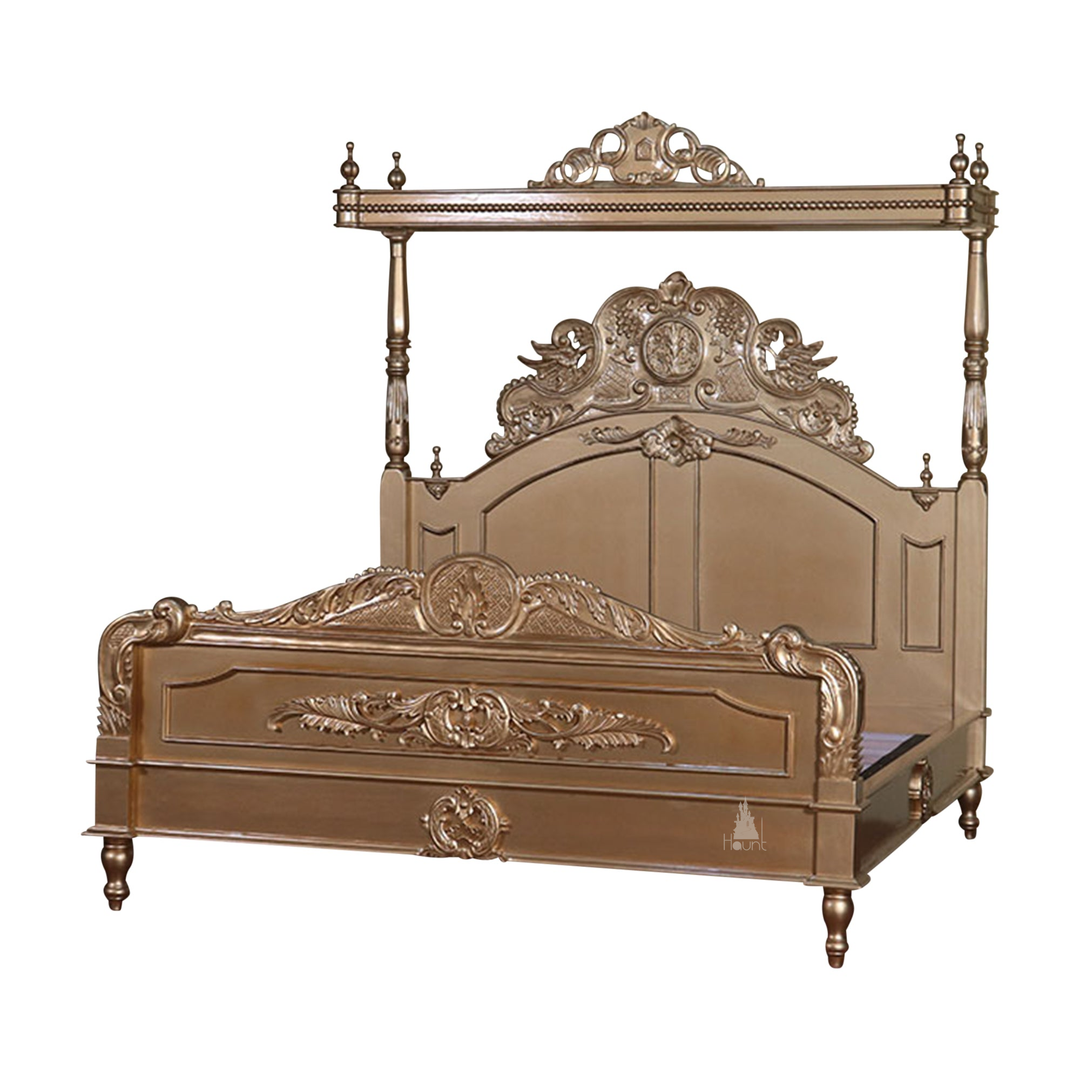 Aurora Bed shown from the front with raised carved structure and open semi-canopy silhouette