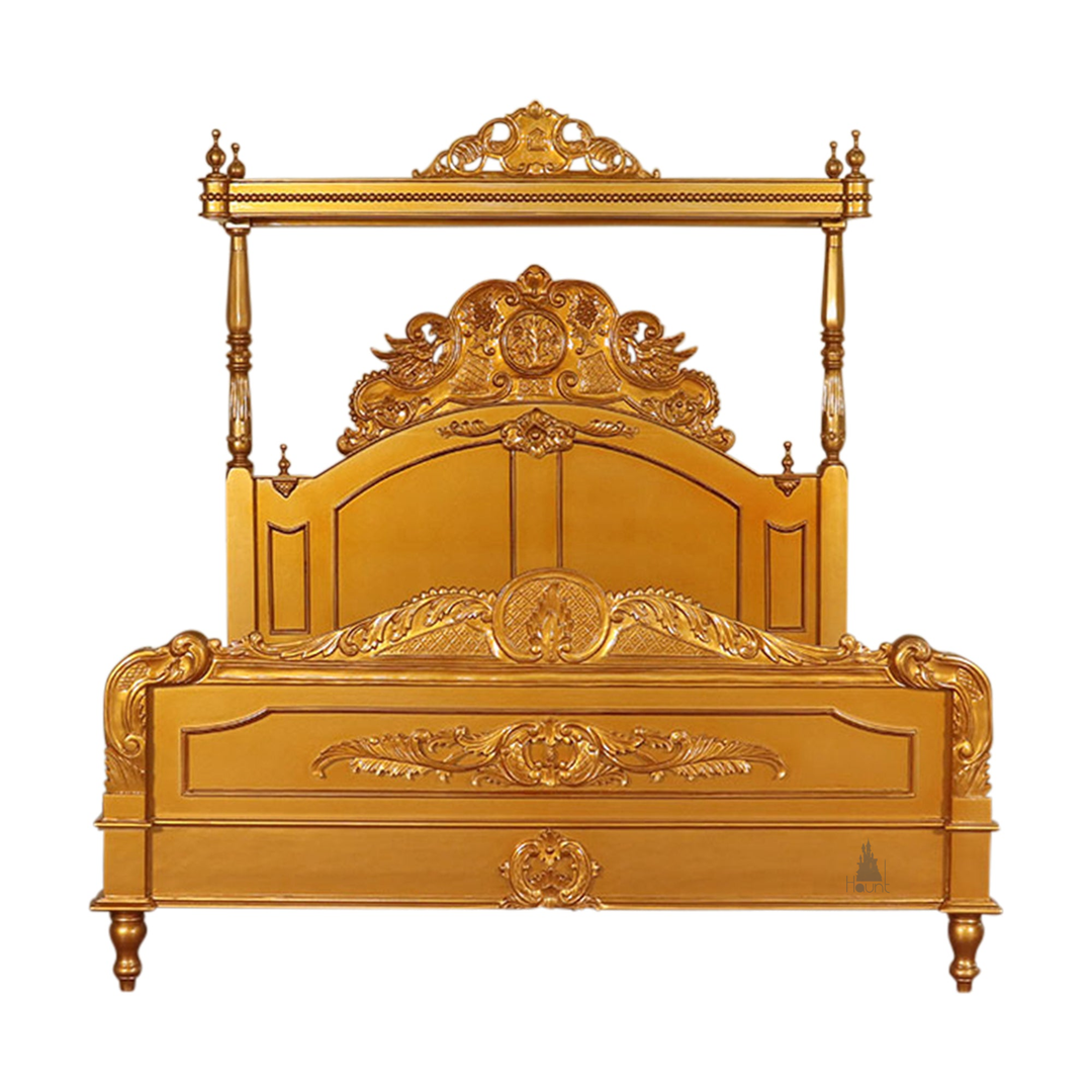 Aurora Bed detail showing decorative carved timberwork and romantic gothic bed styling