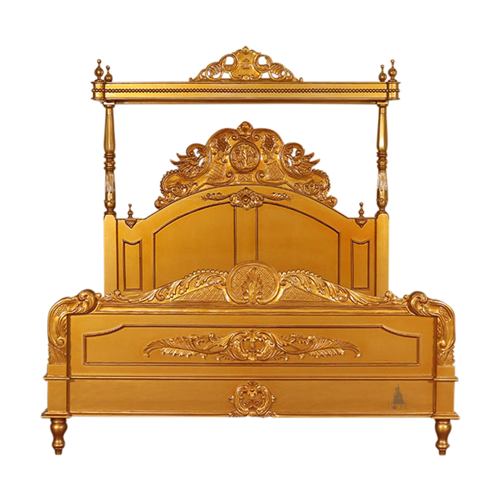 Aurora Bed detail showing decorative carved timberwork and romantic gothic bed styling