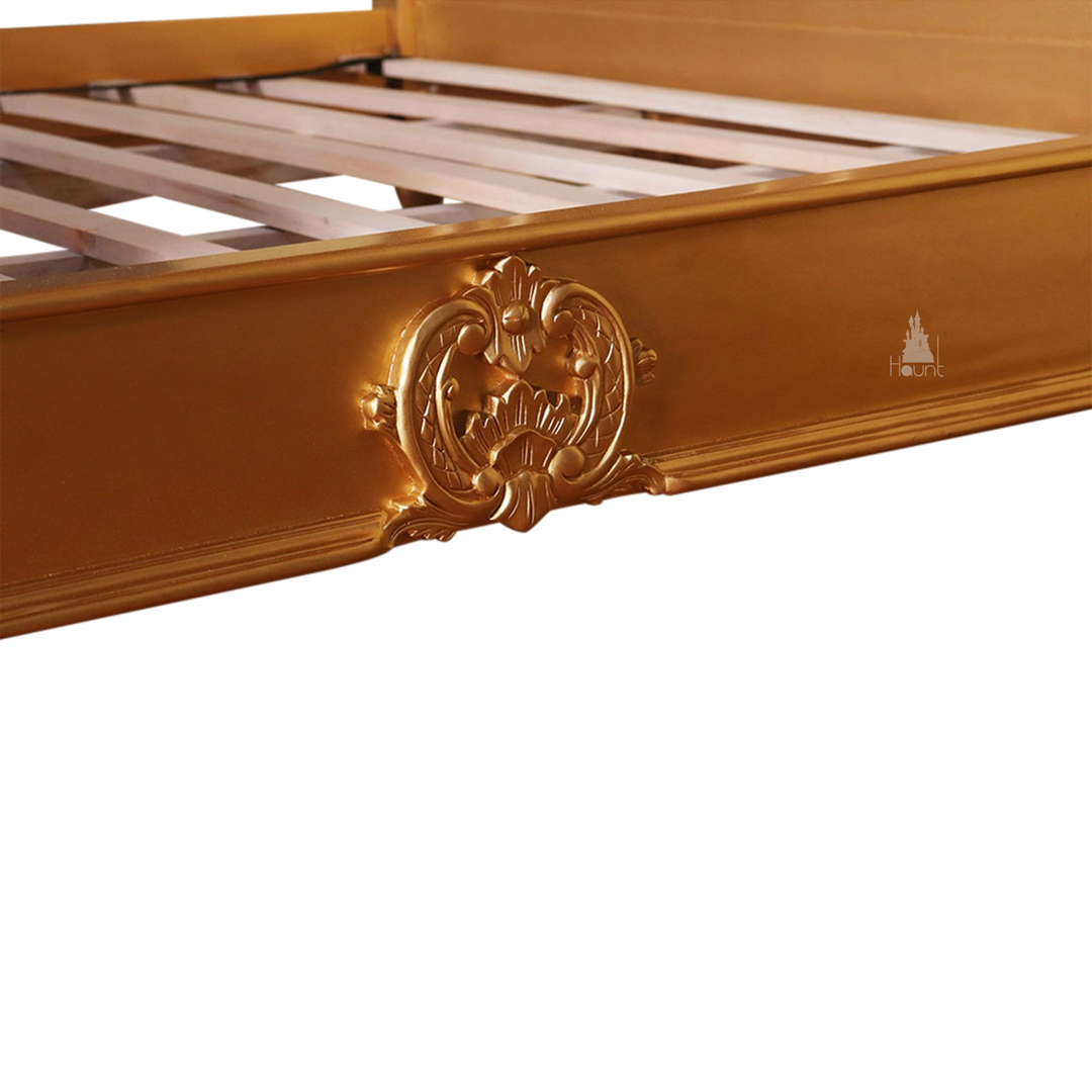 Side view of the Aurora Bed showing its raised frame profile and semi-canopy bedroom silhouette