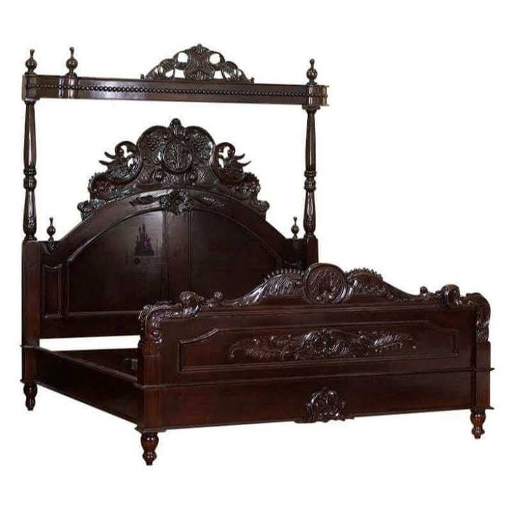 Angled studio view of the Aurora Bed showing shaped headboard, carved mahogany frame and elevated structure