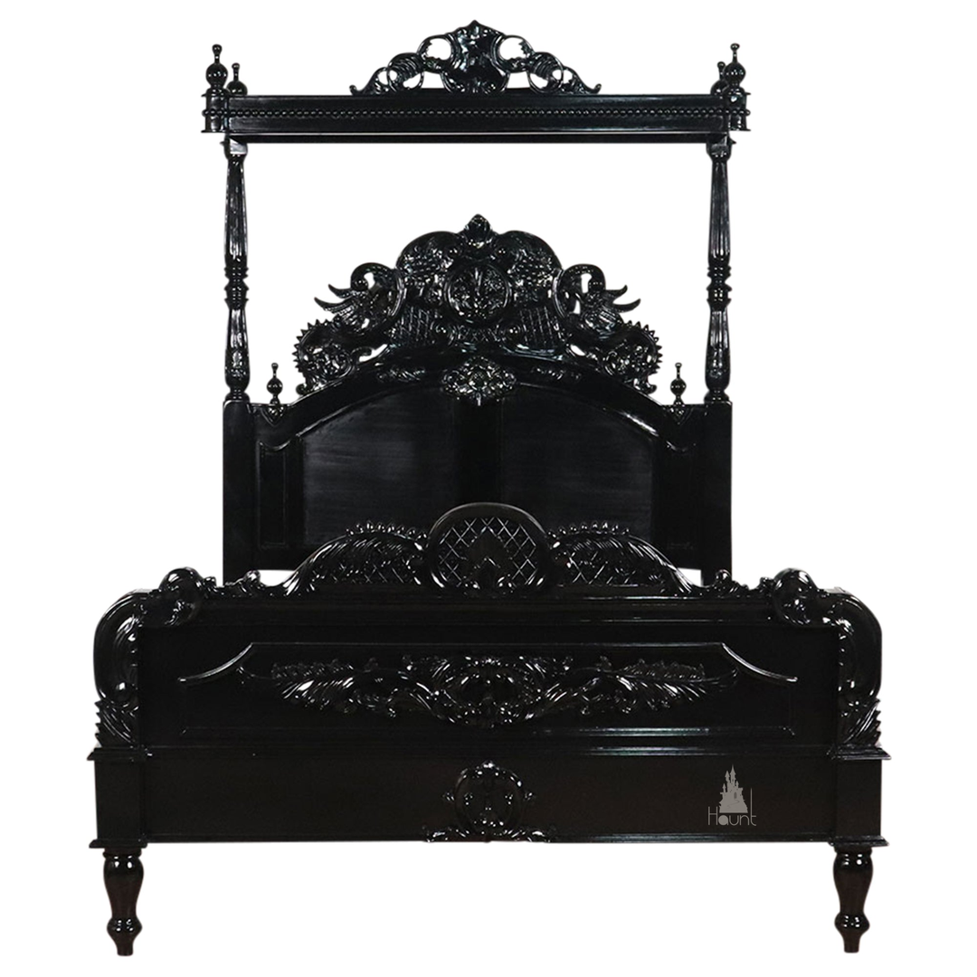 Aurora Bed product image showing ornate gothic frame details and handcrafted finish