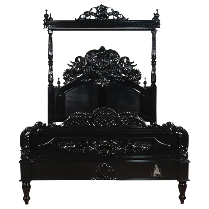 Aurora Bed product image showing ornate gothic frame details and handcrafted finish