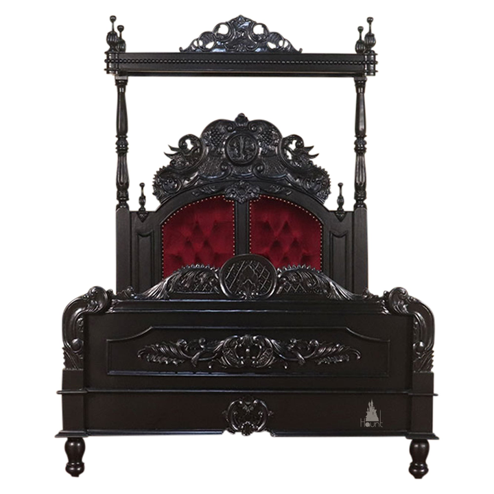 Aurora Bed close-up showing carved timber detail and luxury gothic bedroom craftsmanship