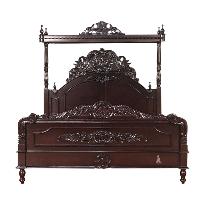 Aurora Bed shown with custom finish direction and semi-canopy gothic carved frame