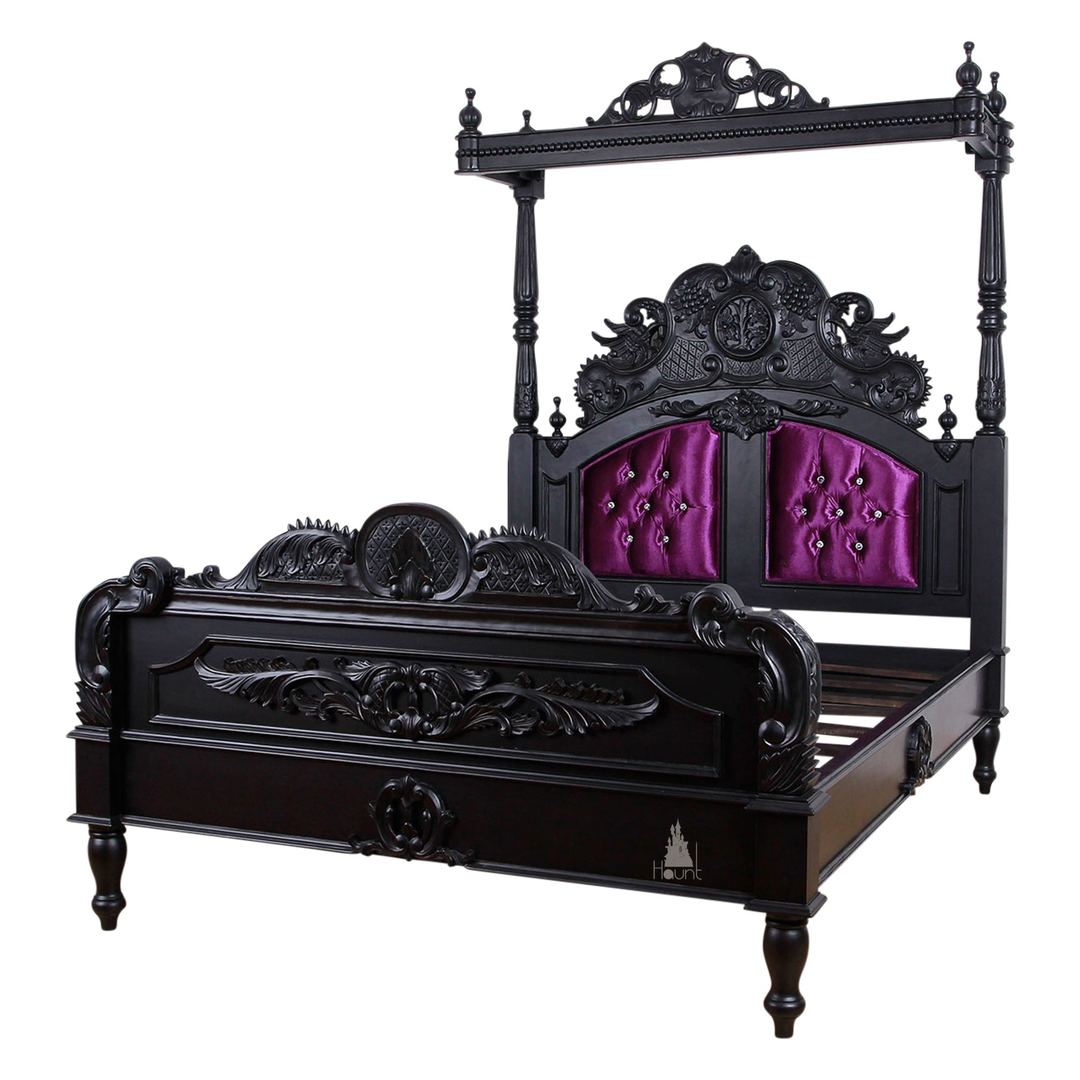 Aurora Bed detail image showing carved mahogany shaping and refined decorative proportions