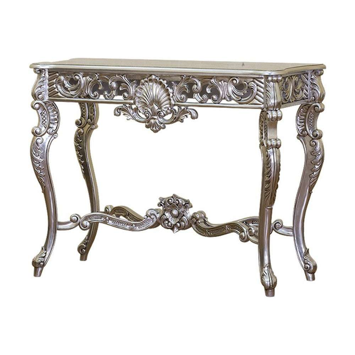 Haunt Aurora Hall Table with ornate carved apron, curved legs and decorative lower stretcher - detail view 2