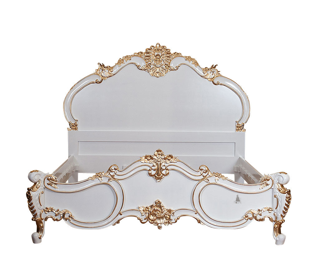 Front view of the Cinderella Bed showing a romantic French provincial-style frame with curved carved detailing
