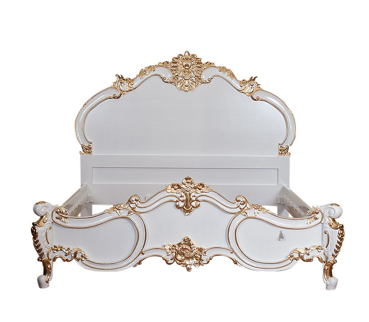 Front view of the Cinderella Bed showing a romantic French provincial-style frame with curved carved detailing