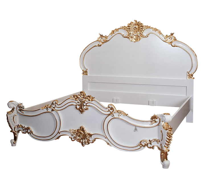 Angled view of the Cinderella Bed highlighting its graceful headboard, shaped footboard and fairytale gothic proportions