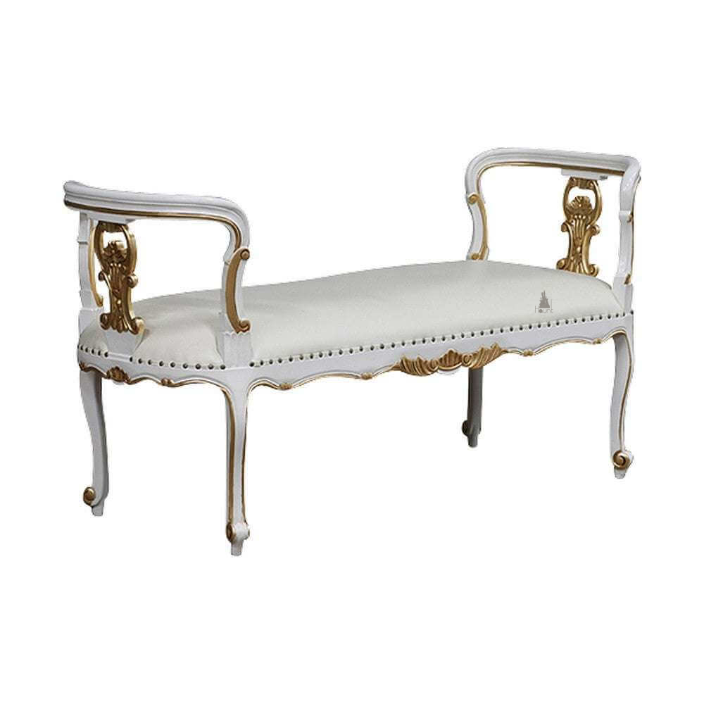 Haunt Cinderella Bench with upholstered seat, open arms, nailhead trim and carved French provincial frame