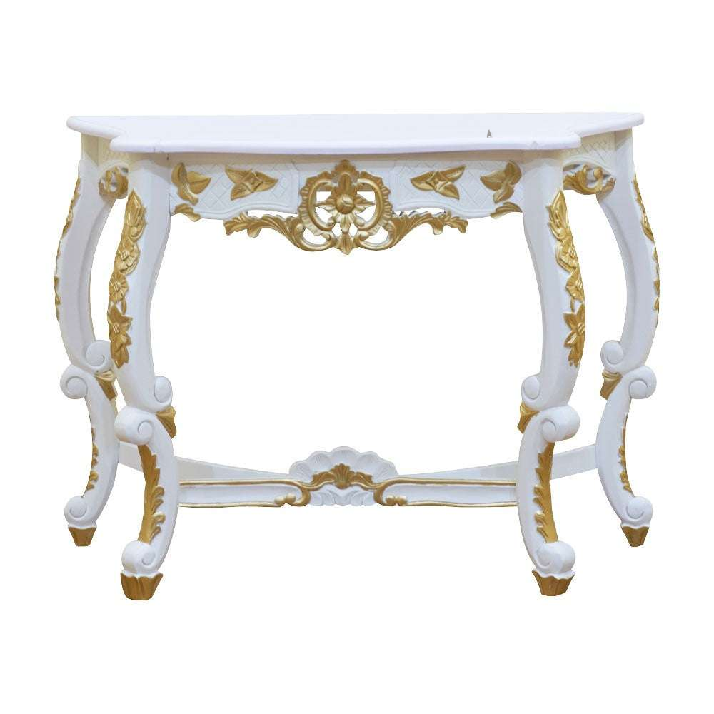 Haunt Cinderella Hall Table with shaped front, carved apron, scrolling legs and lower stretcher