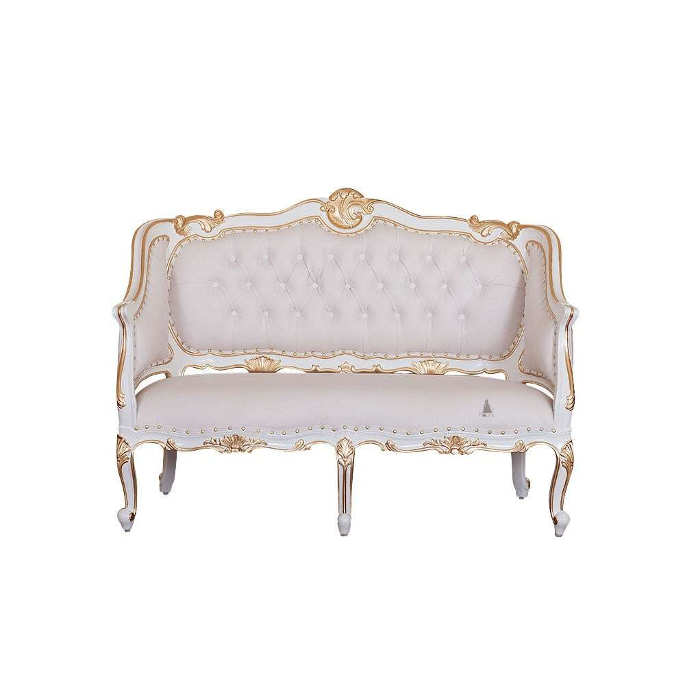 Another view of the Cinderella Love Seat, a two-seat upholstered settee with a high button-tufted back