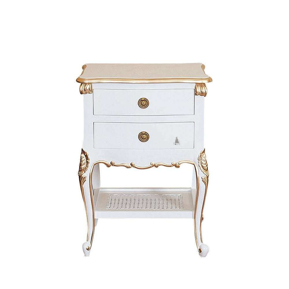 The Cinderella Side Table, a handcrafted white and gold side table with two drawers, a lower cane shelf and slender curved legs.