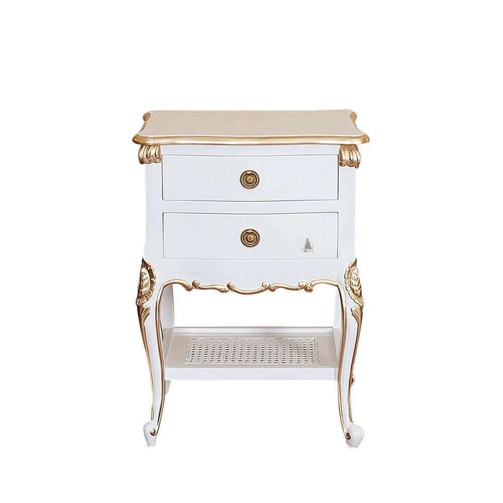 The Cinderella Side Table, a handcrafted white and gold side table with two drawers, a lower cane shelf and slender curved legs.