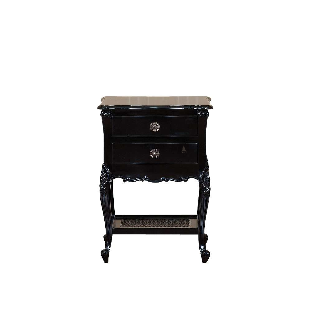 The Cinderella Side Table, a handcrafted white and gold side table with two drawers, a lower cane shelf and slender curved legs.