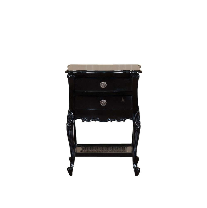 The Cinderella Side Table, a handcrafted white and gold side table with two drawers, a lower cane shelf and slender curved legs.
