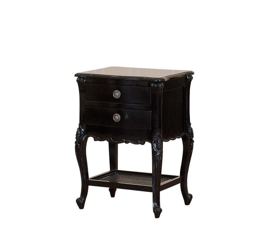 The Cinderella Side Table, a handcrafted white and gold side table with two drawers, a lower cane shelf and slender curved legs.