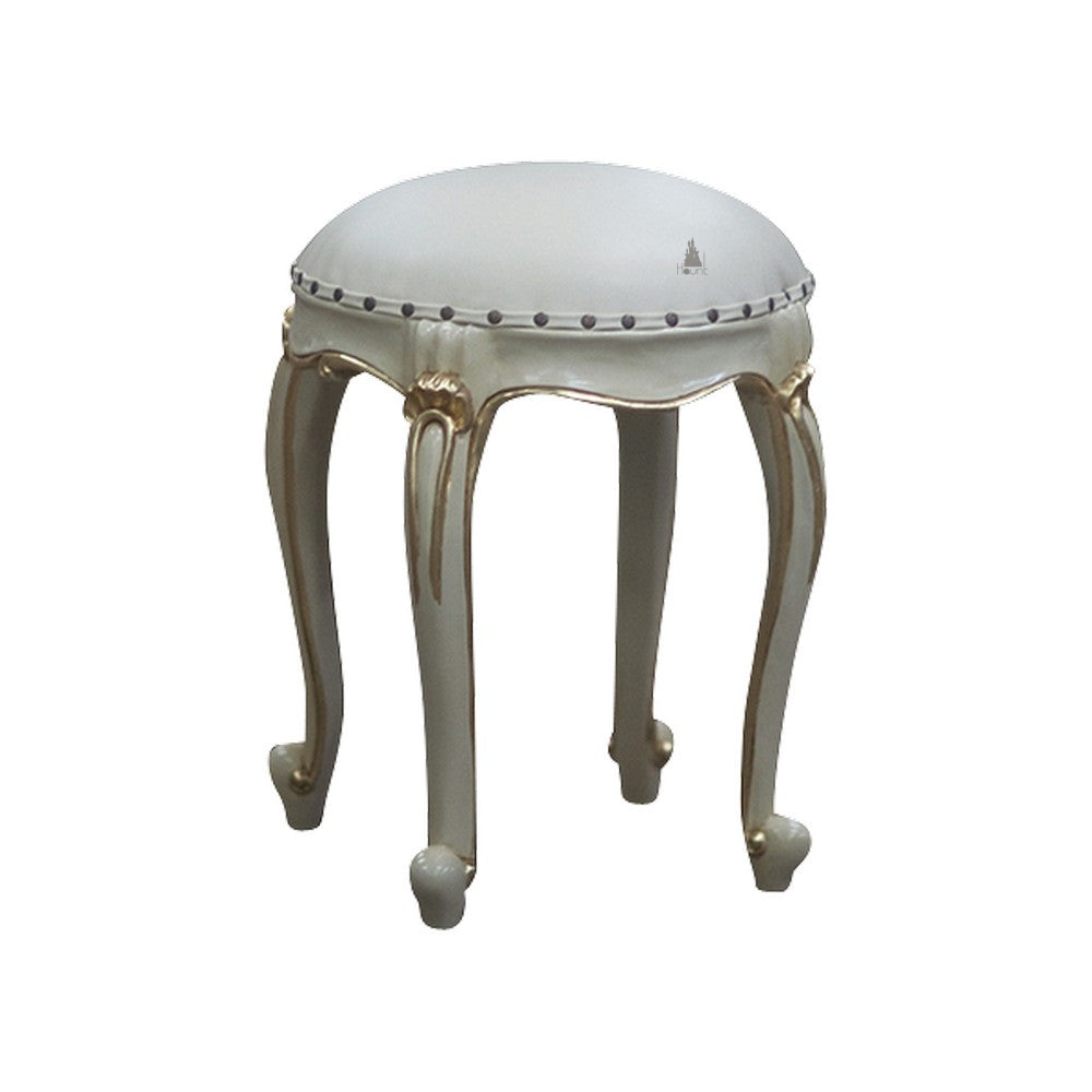 Cinderella Stool, a compact upholstered stool with a rounded cushioned seat, nailhead trim and four curved carved legs