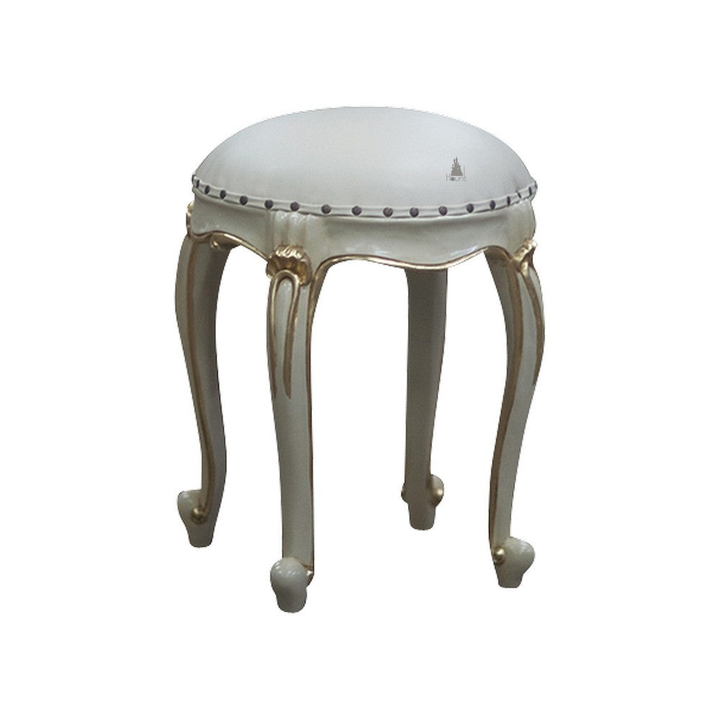 Another view of the Cinderella Stool, a compact upholstered stool with a rounded cushioned seat