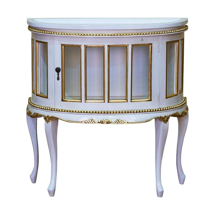 Cinderella Tea Table, a compact curved cabinet-style table with glazed panel detailing, a rounded front and beaded trim