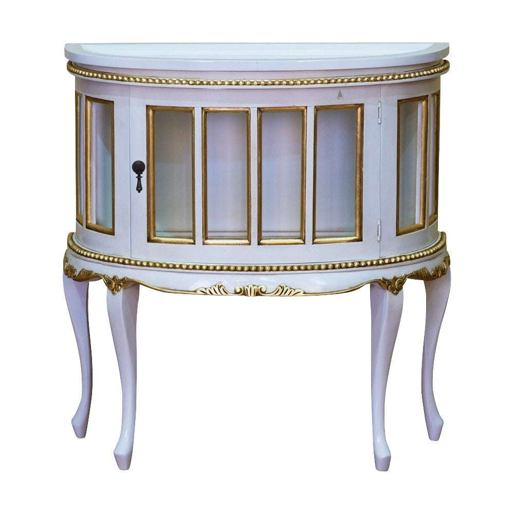 Another view of the Cinderella Tea Table, a compact curved cabinet-style table with glazed panel detailing