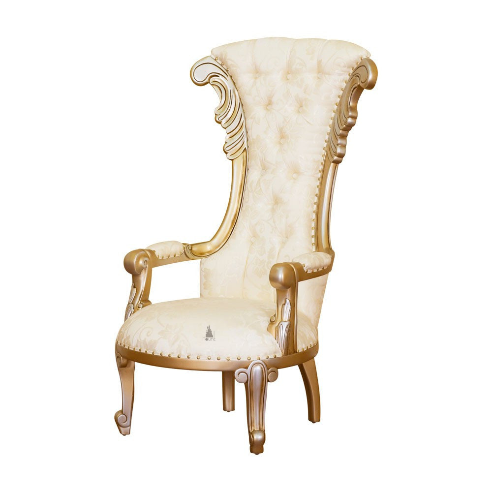 Another view of the Cinderella Throne, a tall wingback statement chair with a high button-tufted back