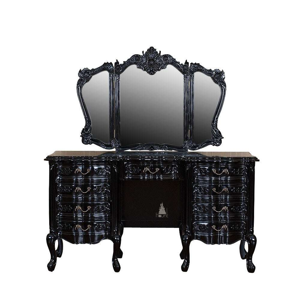 Cinderella Vanity, a full dressing table with a broad drawer base and central knee space