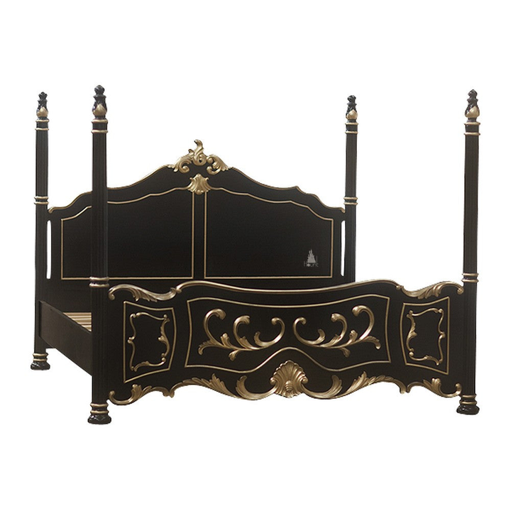 The Countess Bed, a handcrafted four poster bed with slender posts, a shaped panel headboard and an ornate scrolled footboard.