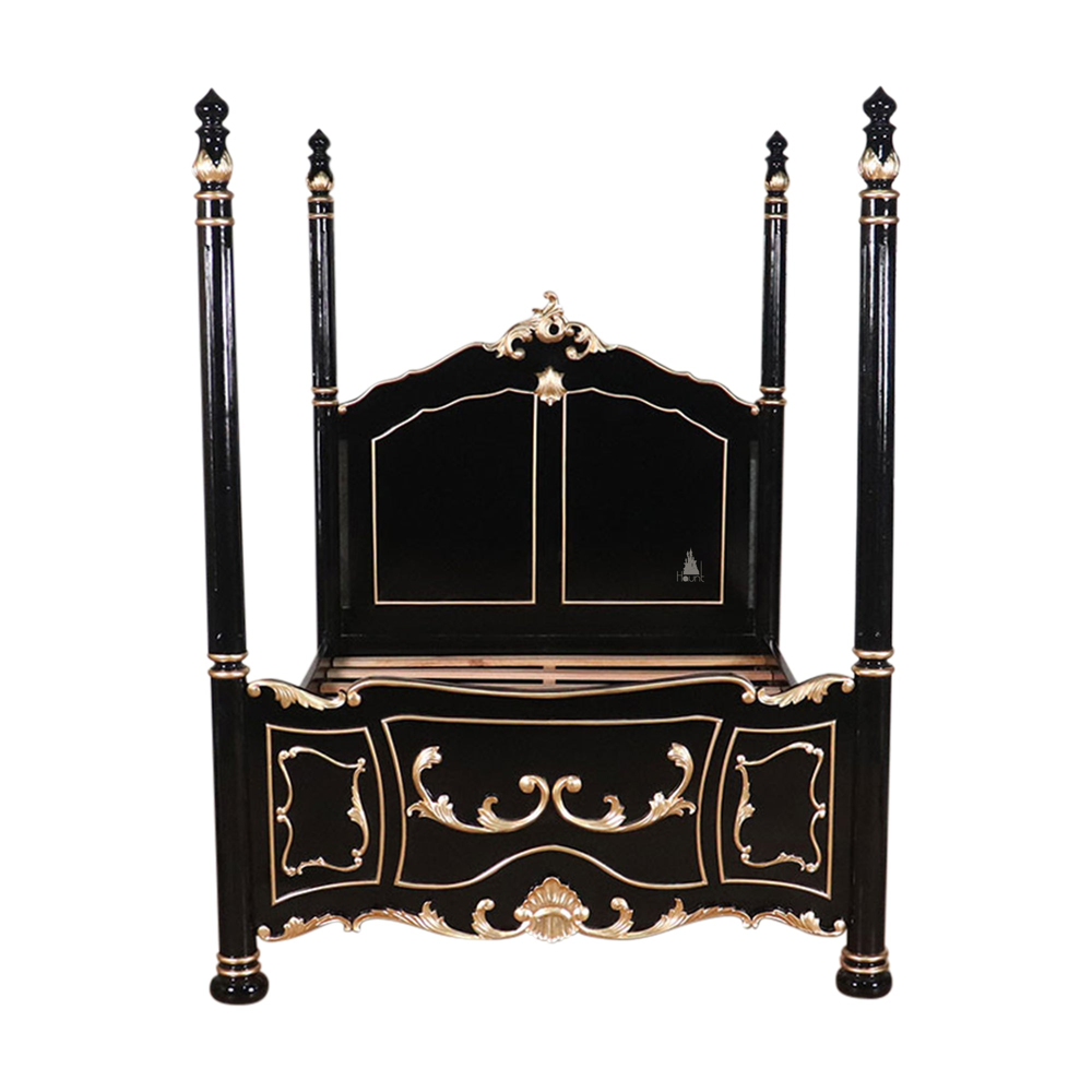 The Countess Bed, a handcrafted four poster bed with slender posts, a shaped panel headboard and an ornate scrolled footboard.
