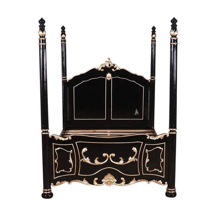 The Countess Bed, a handcrafted four poster bed with slender posts, a shaped panel headboard and an ornate scrolled footboard.