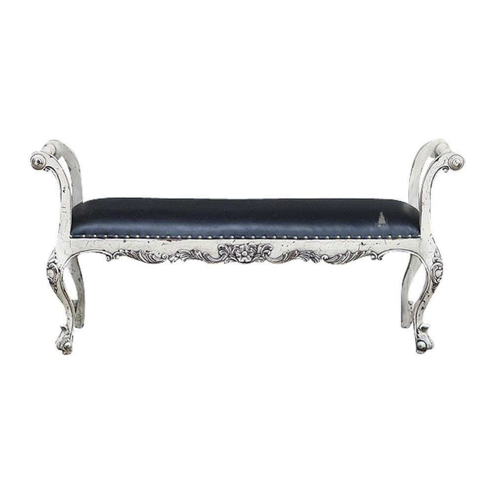 Countess Bench, an elongated upholstered bench with raised scrolled end arms and a slim cushioned seat