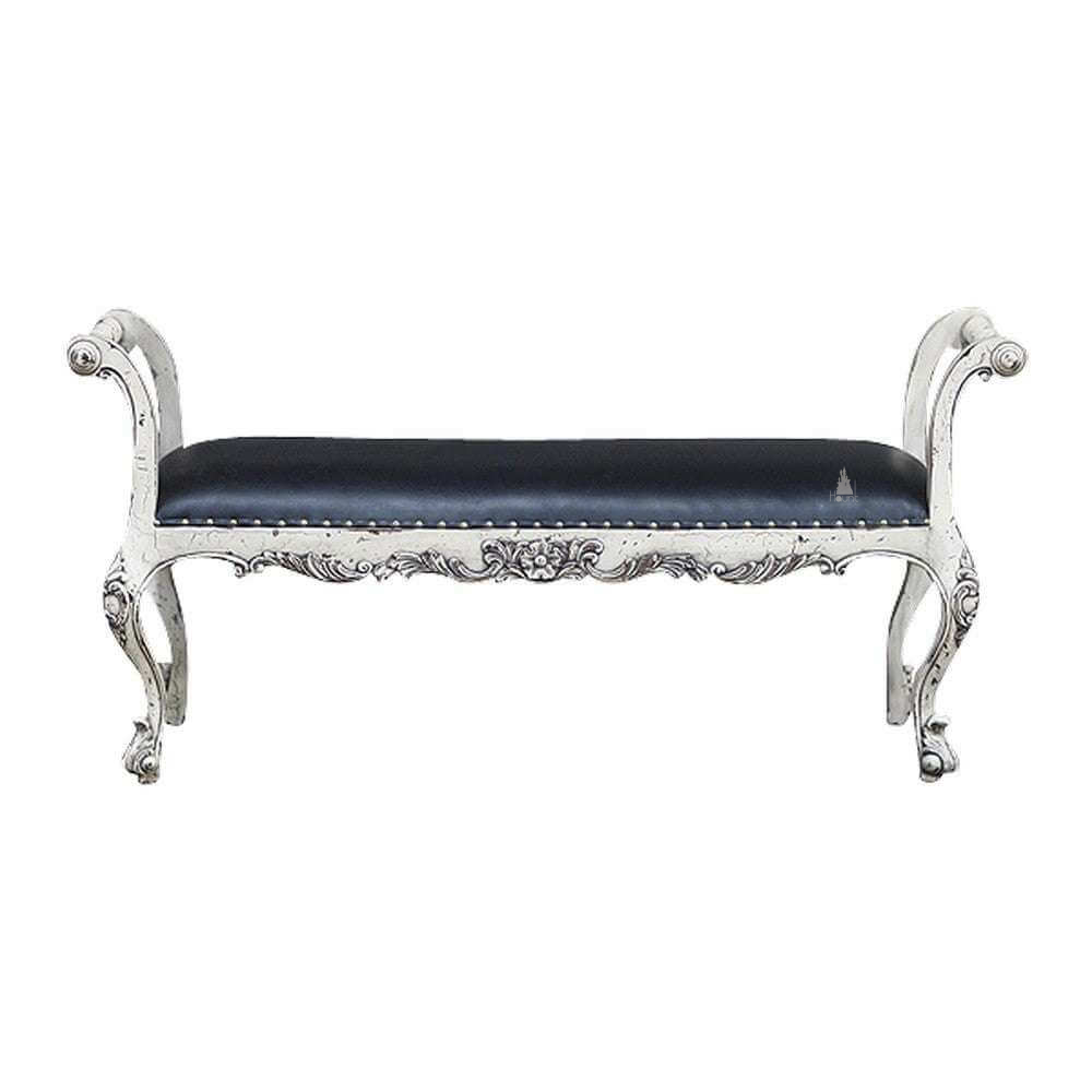Another view of the Countess Bench, an elongated upholstered bench with raised scrolled end arms