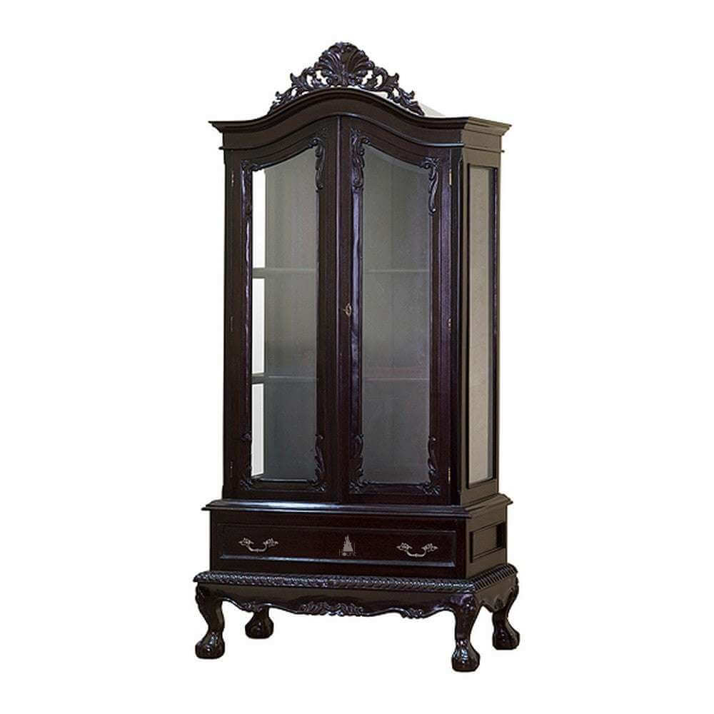 Countess Display Cabinet, a tall glass-front cabinet with an arched carved crown, glazed doors, side glazing and internal shelving