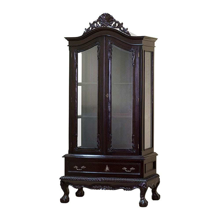 Countess Display Cabinet, a tall glass-front cabinet with an arched carved crown, glazed doors, side glazing and internal shelving