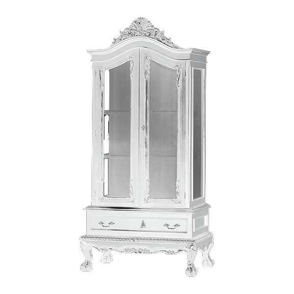 Another view of the Countess Display Cabinet, a tall glass-front cabinet with an arched carved crown