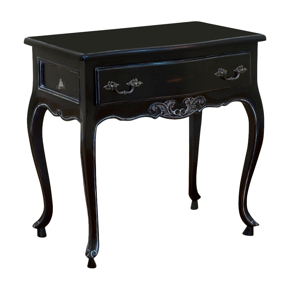 The Countess Side Table, a handcrafted black side table with a single drawer, carved apron detailing and slender cabriole legs.