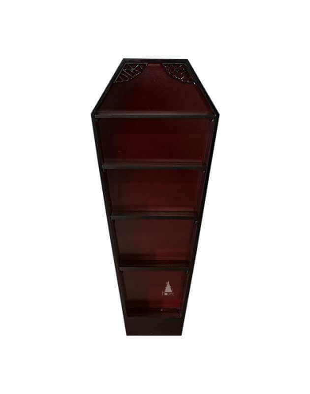 The Crypt Keeper Coffin Bookcase, a handcrafted coffin-shaped open bookcase with tapered silhouette and multiple display shelves.